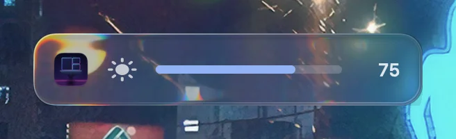 Brightness popup in Liquid Glass: Skyland's icon, a sun, a bar in the theme accent and the value.