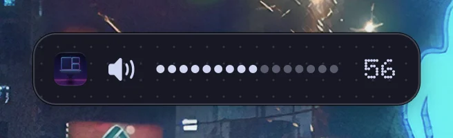 Volume popup in the glyph style: Skyland's icon, a speaker, a row of dots and the value in a dot matrix font.