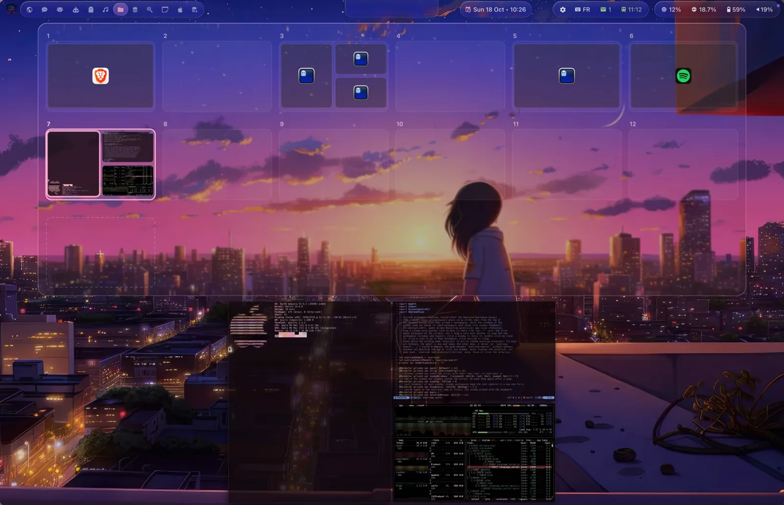 Skyland workspace overview: a Liquid Glass strip of twelve workspace cards with app icons and live thumbnails, over the zoomed out windows and a sunset wallpaper.