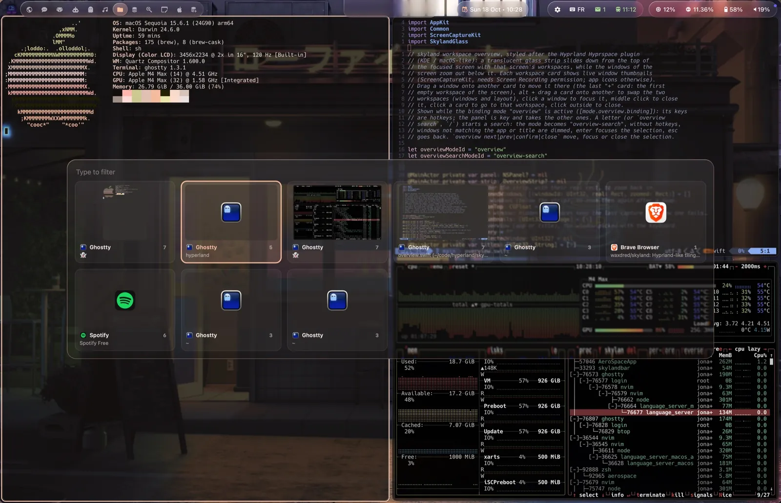 Window switcher in Liquid Glass: recent windows of every workspace with live thumbnails.