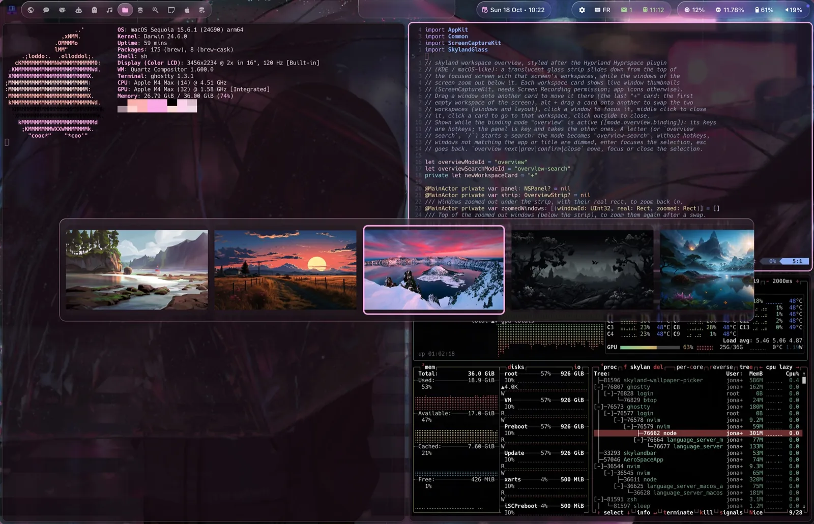 Wallpaper picker in Liquid Glass: a strip of wallpaper thumbnails over the desktop.